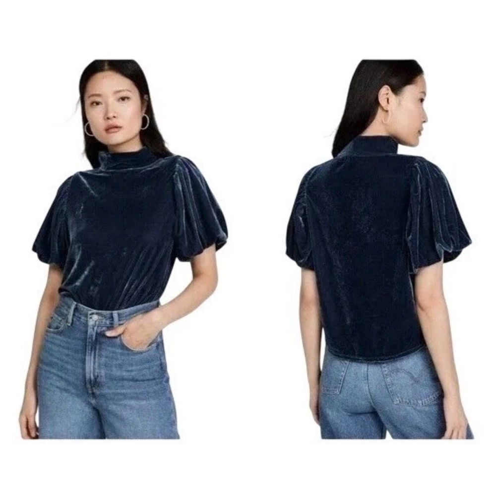 Free People Velvet Puff-Sleeve Mock Neck Top in Navy